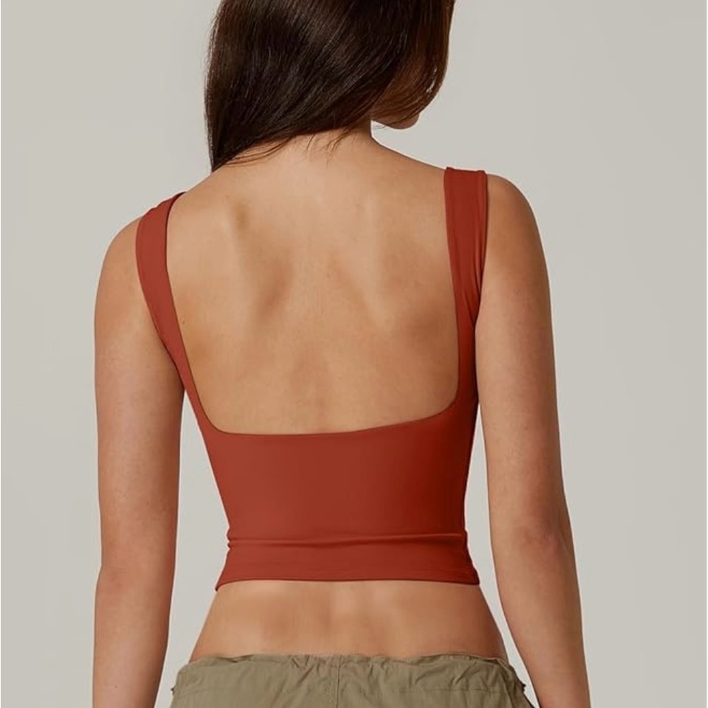 QINSEN Open Back Crop Tank Top Brick Red/Brown NWT